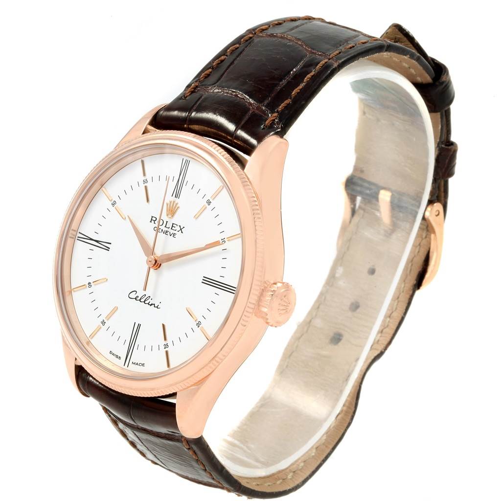This image shows a Rolex Cellini 50505 Men's Rose Gold White Dial 50505 Men's Rose Gold White Dial watch at an angled view, highlighting its dial, case, crown, and leather strap.