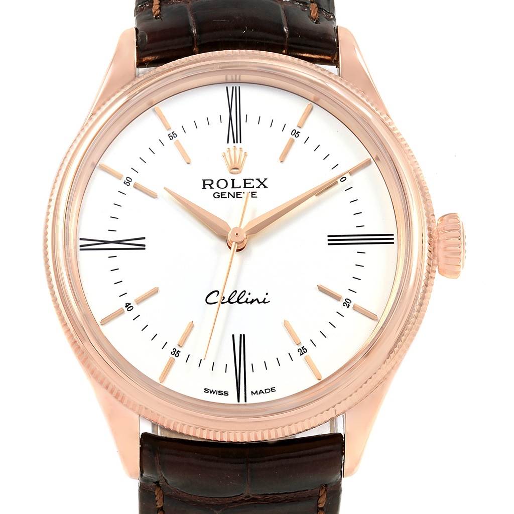 The image shows a front view of the Rolex Cellini 50505 Men's Rose Gold White Dial 50505 Men's Rose Gold White Dial watch, showcasing its white dial, gold hands, and black leather strap.