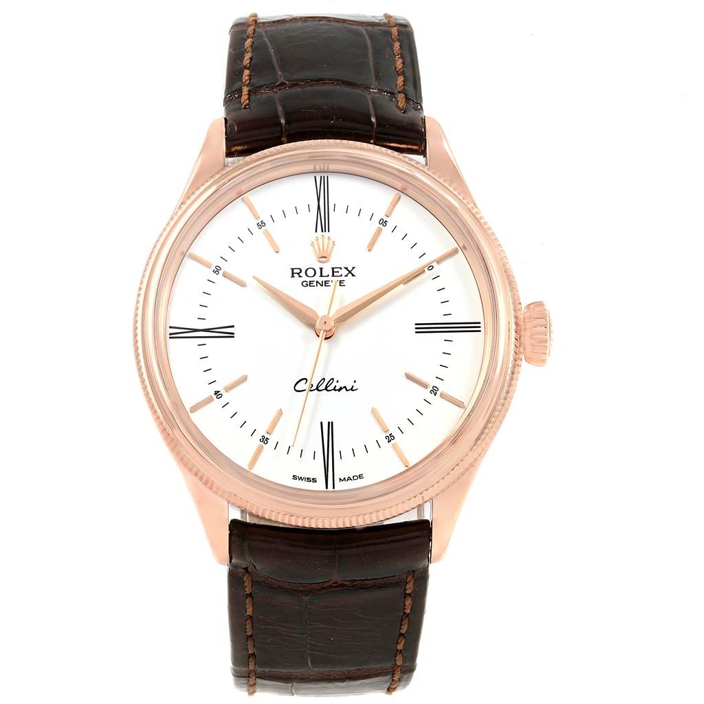 The image shows a frontal view of a Rolex Cellini 50505 Men's Rose Gold White Dial 50505 Men's Rose Gold White Dial watch with a white dial, gold-toned hands, hour markers, and a brown leather strap.