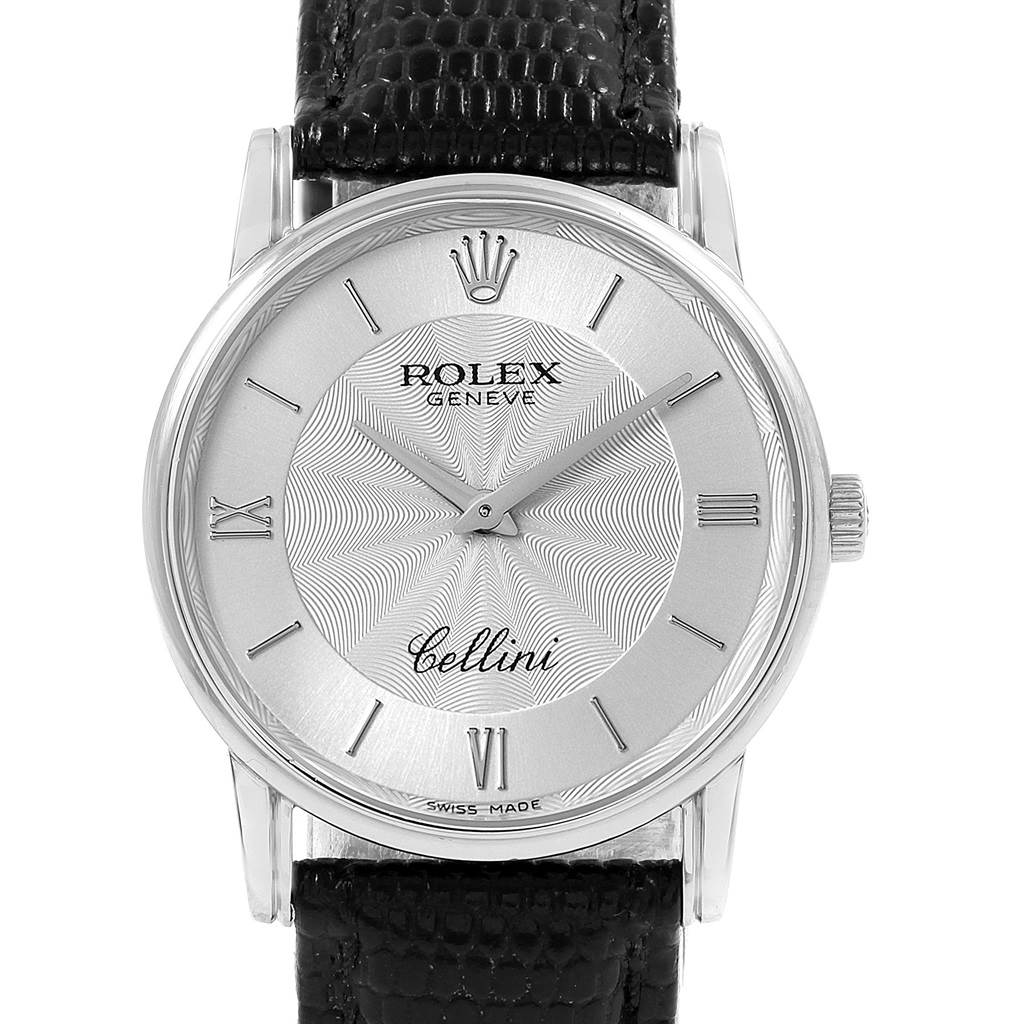 The image shows a front view of the Rolex Cellini 5116 Men's White Gold Silver Dial 5116 Men's White Gold Silver Dial watch, highlighting its dial, hands, crown, and leather strap.