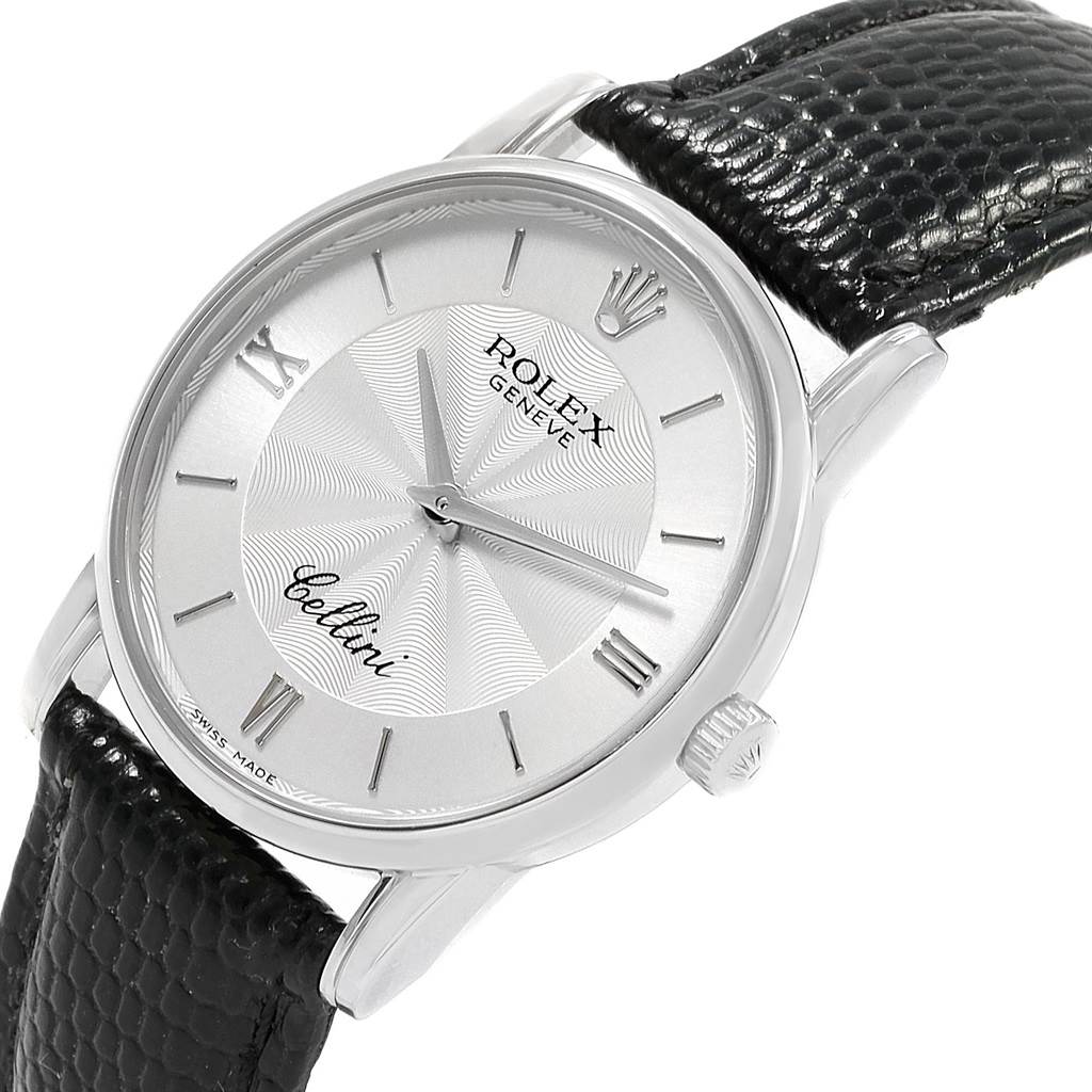The image shows the face, bezel, lugs, and part of the leather strap of a Rolex Cellini 5116 Men's White Gold Silver Dial 5116 Men's White Gold Silver Dial watch at a slight angle.