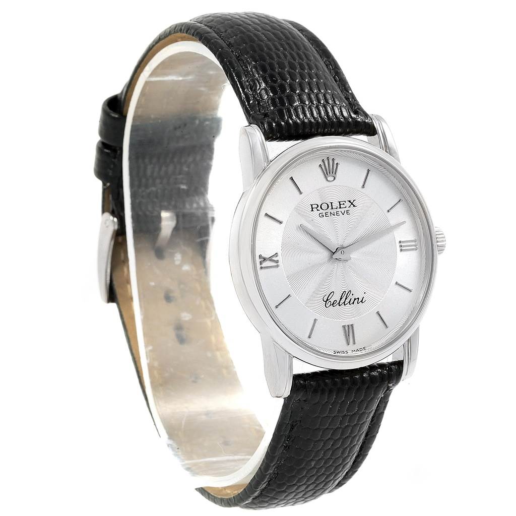 The Rolex Cellini 5116 Men's White Gold Silver Dial 5116 Men's White Gold Silver Dial watch is shown at a slight angle, displaying the face, dial, and black leather strap.