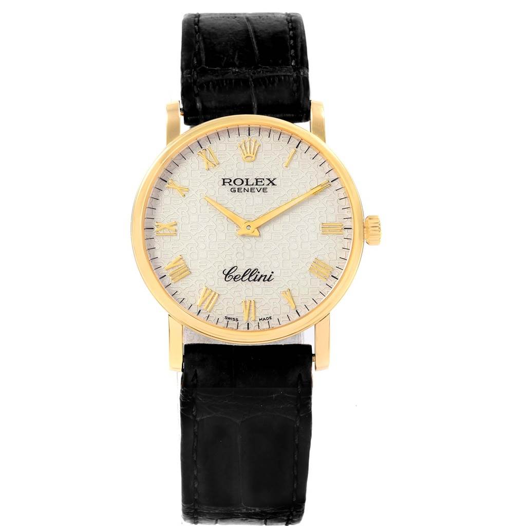 The image shows a Rolex Cellini 5115 Men's Yellow Gold Beige Dial 5115 Men's Yellow Gold Beige Dial watch from a front view, displaying its face, dial, and black leather strap.
