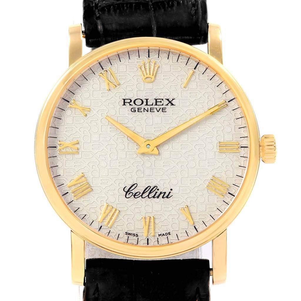 This image shows a front view of the Rolex Cellini 5115 Men's Yellow Gold Beige Dial 5115 Men's Yellow Gold Beige Dial watch, displaying its dial, hands, and part of its band.