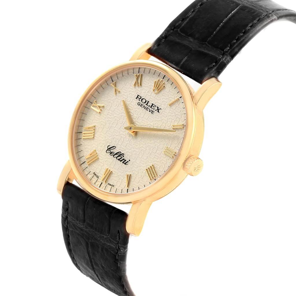 The image shows a Rolex Cellini 5115 Men's Yellow Gold Beige Dial 5115 Men's Yellow Gold Beige Dial watch at an angled view, displaying the face, crown, and black leather strap.
