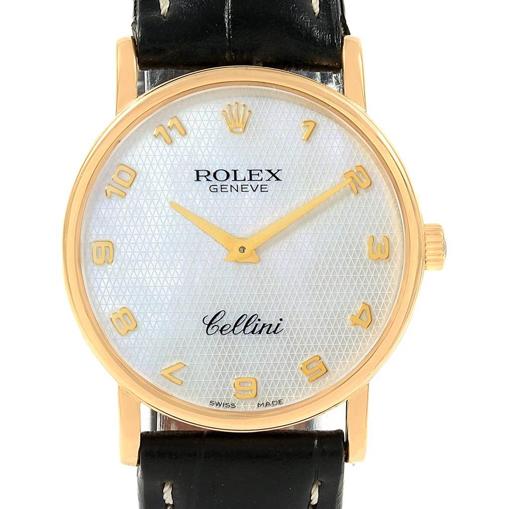 This image shows a front view of the Rolex Cellini 5115 Yellow Gold Mother of Pearl Dial 5115 Yellow Gold Mother of Pearl Dial watch, highlighting its dial, numerals, and black leather strap.