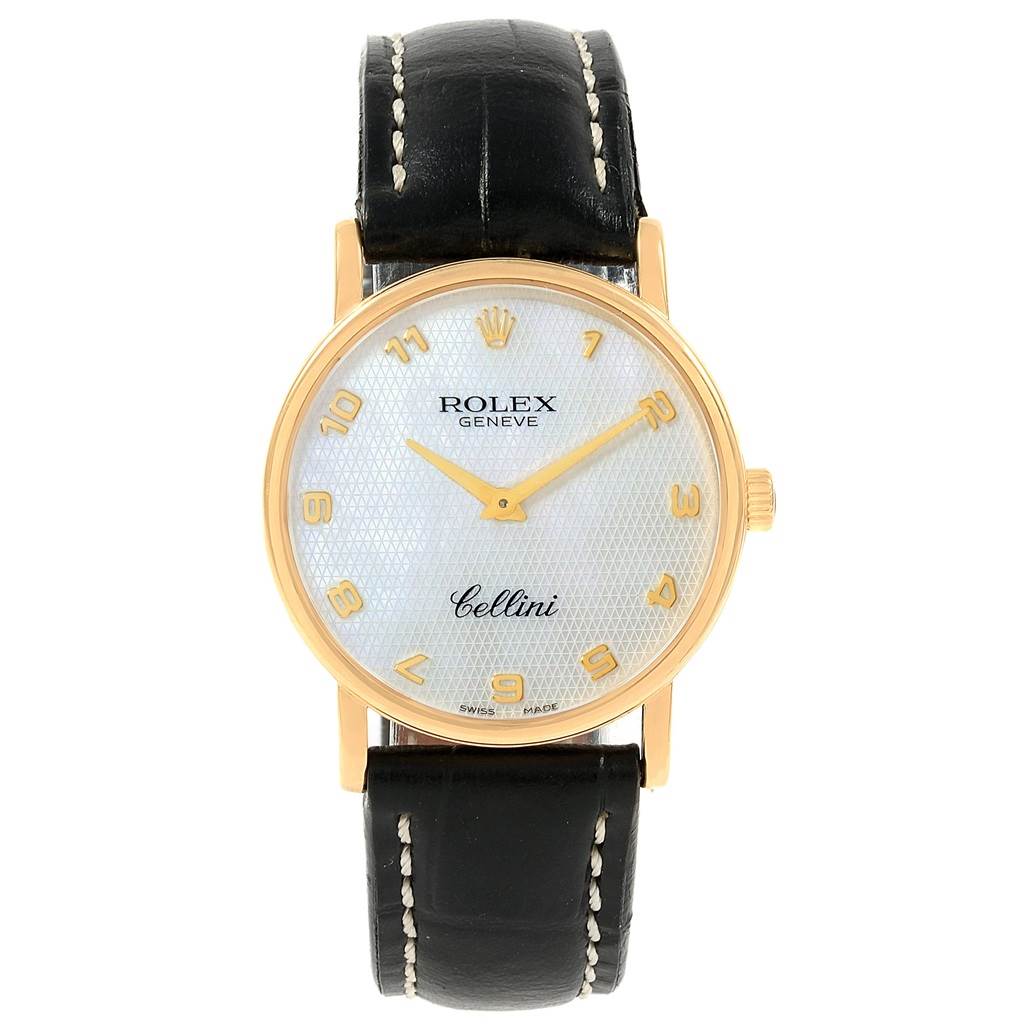 The Rolex Cellini 5115 Yellow Gold Mother of Pearl Dial 5115 Yellow Gold Mother of Pearl Dial watch is shown from the front, displaying its face, case, and strap.