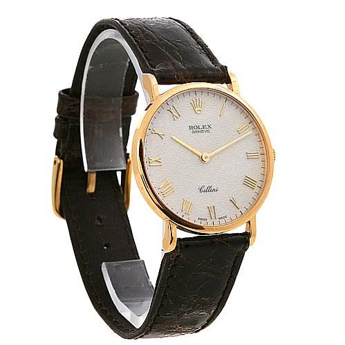 This Rolex Cellini 5112 Yellow Gold Beige Dial 5112 Yellow Gold Beige Dial watch is shown at a three-quarter angle, highlighting its face, strap, and buckle.