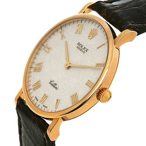 The image shows a close-up, angled view of the Rolex Cellini 5112 Yellow Gold Beige Dial 5112 Yellow Gold Beige Dial watch, highlighting the dial, crown, and part of the strap.