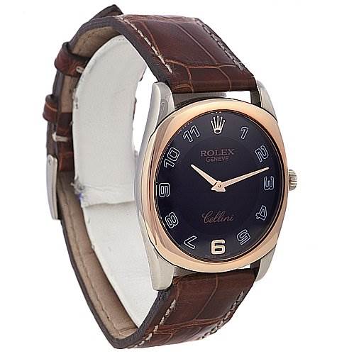 The Rolex Cellini 4233 Men's White Gold Black Dial 4233 Men's White Gold Black Dial watch is shown at a three-quarter angle, displaying the face, bezel, and leather strap.