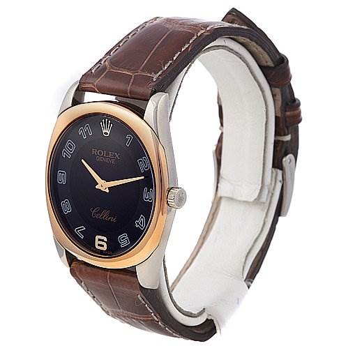 This image shows a Rolex Cellini 4233 Men's White Gold Black Dial 4233 Men's White Gold Black Dial watch angled to display its face, brown leather strap, and side profile.