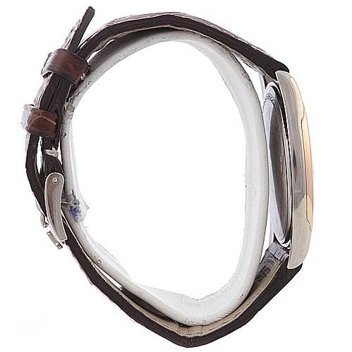 The image shows a side view of a Rolex Cellini 4233 Men's White Gold Black Dial 4233 Men's White Gold Black Dial watch featuring its case, strap, and buckle.