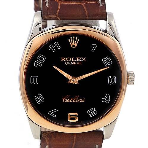 The image shows the front view of a Rolex Cellini 4233 Men's White Gold Black Dial 4233 Men's White Gold Black Dial watch, highlighting its dial, crown, numerals, and leather strap.