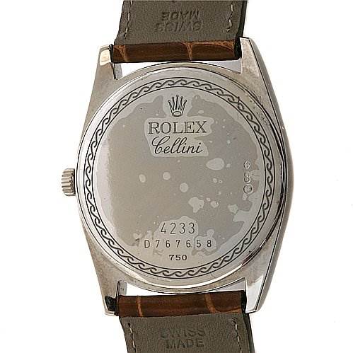 The image shows the back case of a Rolex Cellini 4233 Men's White Gold Black Dial 4233 Men's White Gold Black Dial watch, displaying the brand name, model, and serial number.
