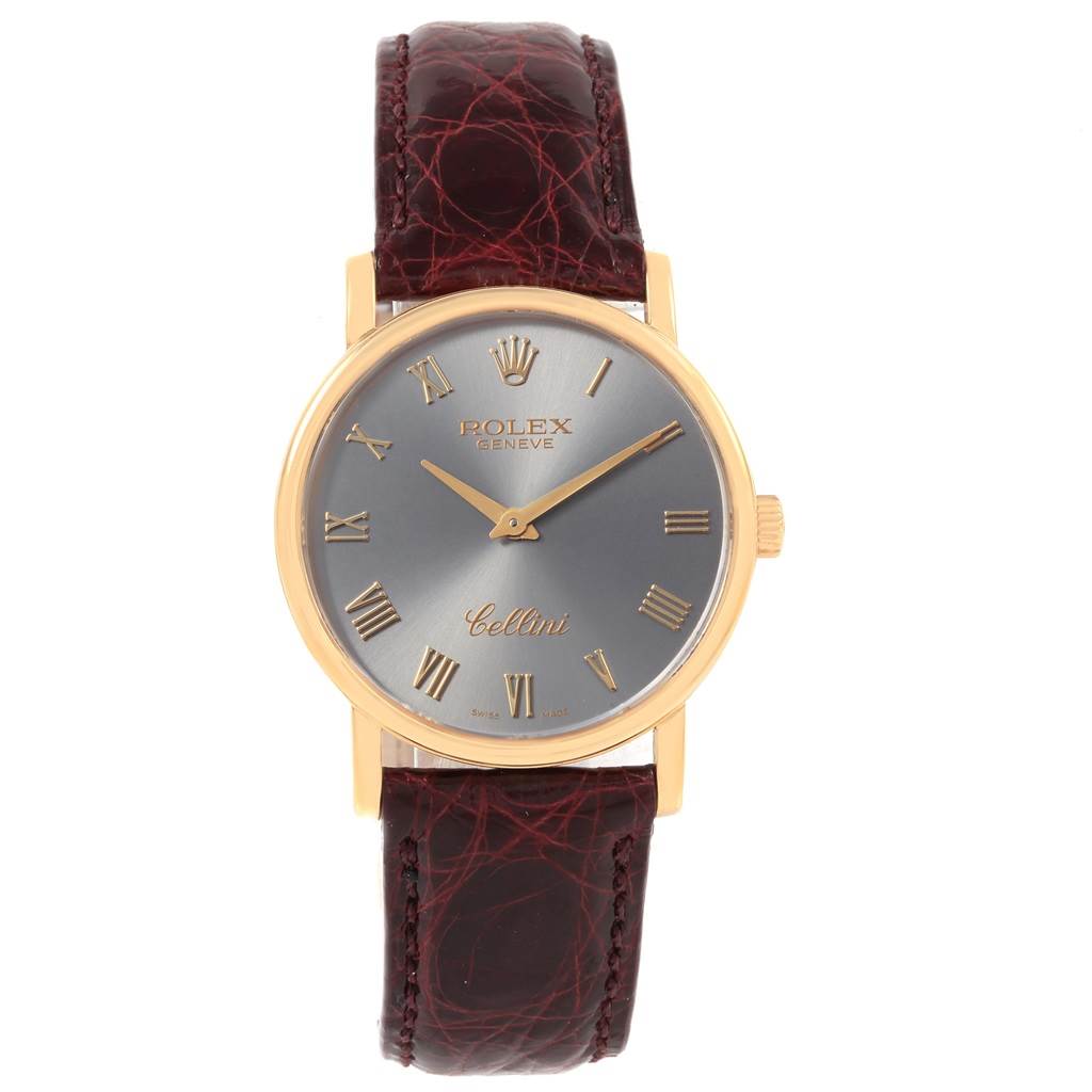 This Rolex Cellini 5115 Men
s Yellow Gold Grey Dial 5115 Men
s Yellow Gold Grey Dial watch is shown from the front, displaying its dial, hands, and leather strap.