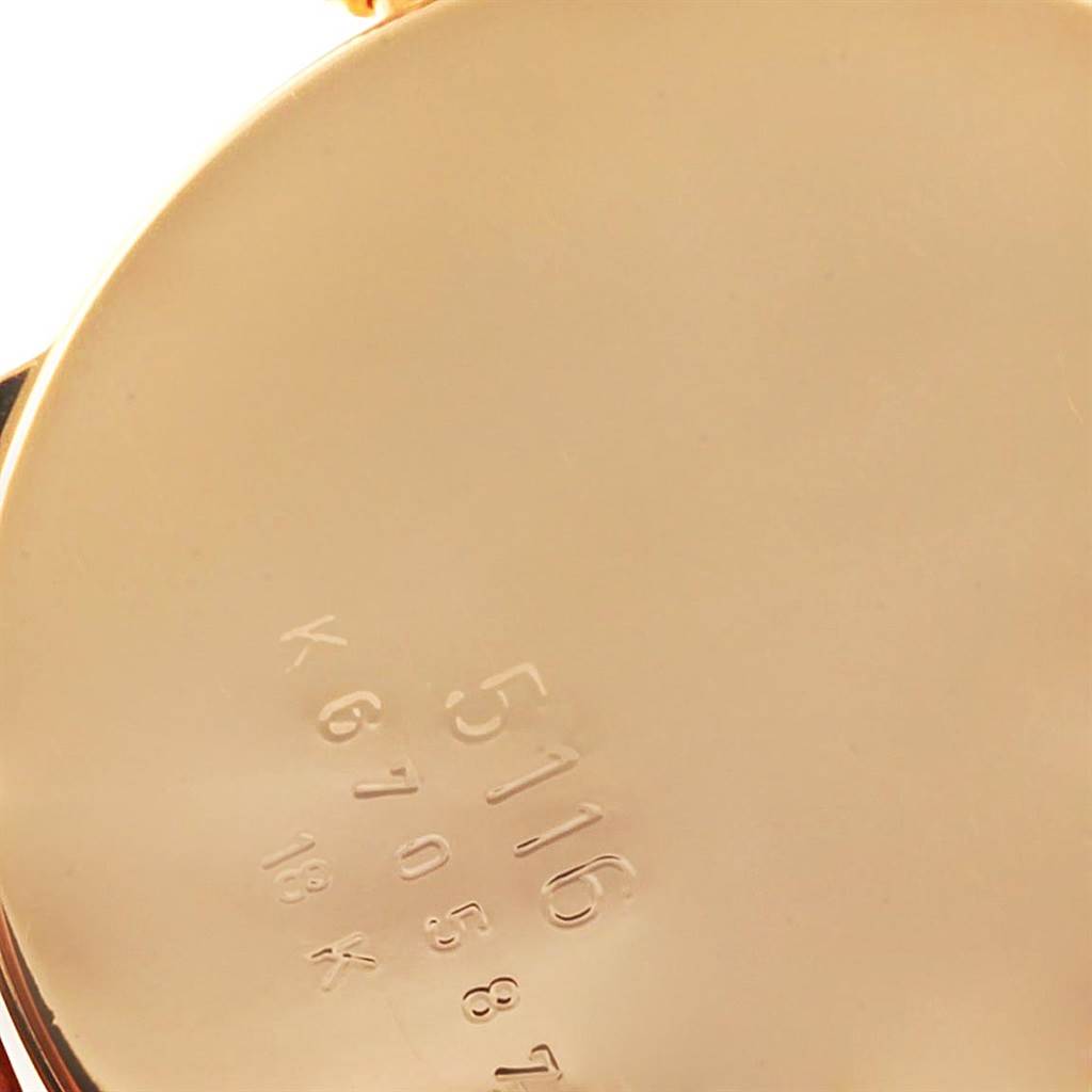 This image shows a close-up of the back case of a Rolex Cellini 5116 Men's Yellow Gold Champagne Dial 5116 Men's Yellow Gold Champagne Dial watch, highlighting the engraved model number and material.
