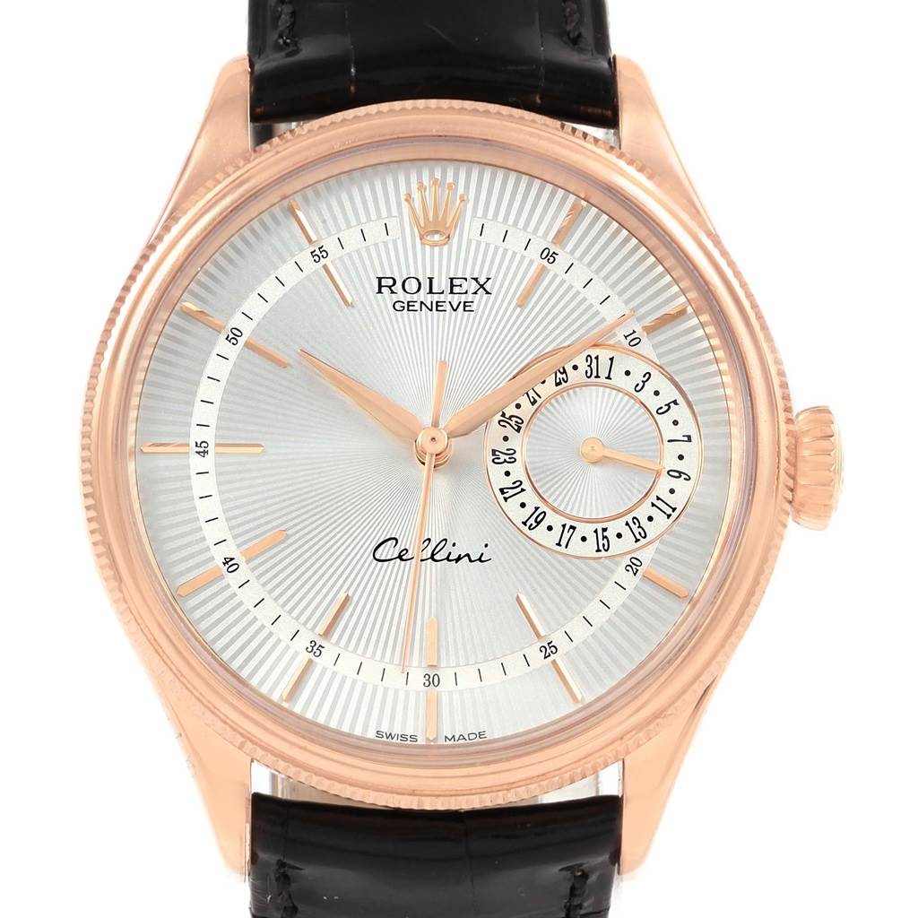 The Rolex Cellini 50515 Men's Rose Gold Silver Dial 50515 Men's Rose Gold Silver Dial watch is shown from a front angle, displaying the face, crown, case, and part of the strap.