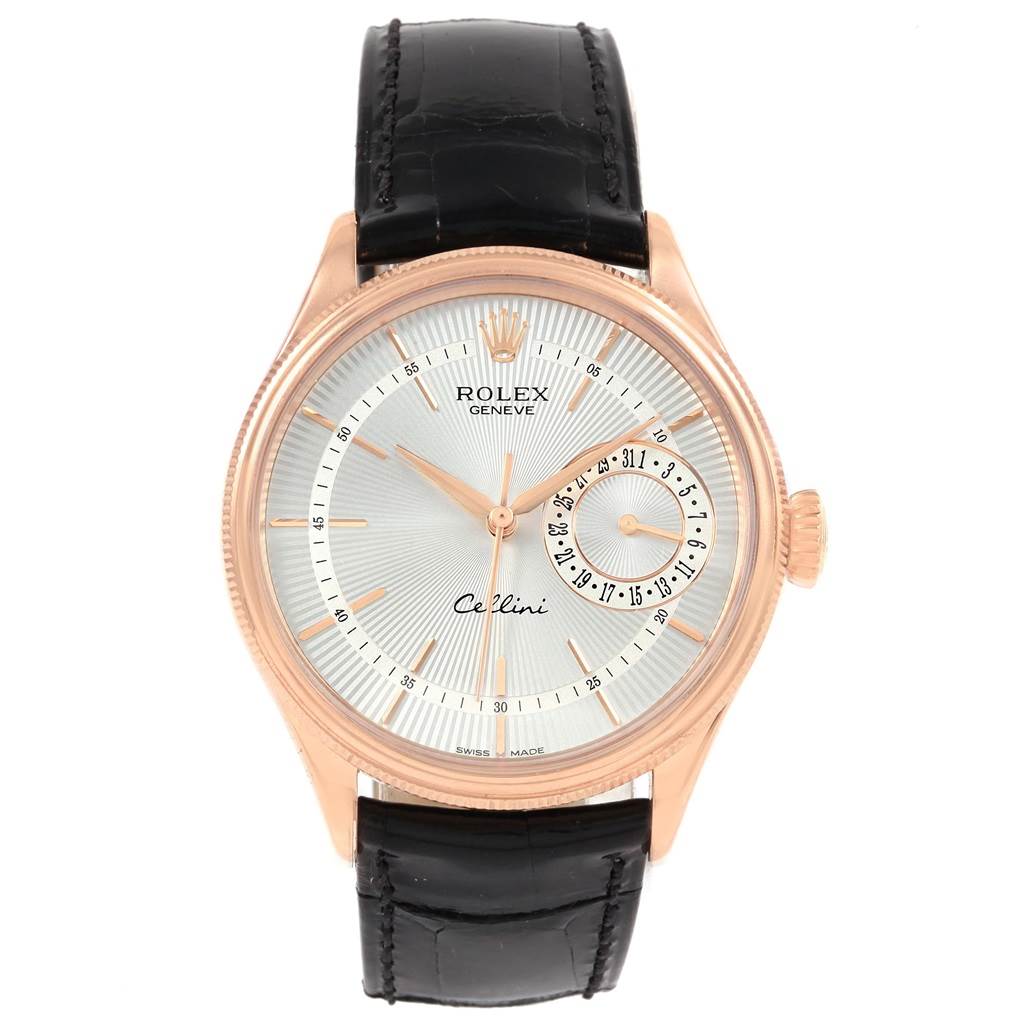 The image shows a frontal view of a Rolex Cellini 50515 Men's Rose Gold Silver Dial 50515 Men's Rose Gold Silver Dial watch with a silver dial, rose gold case, and black leather strap.