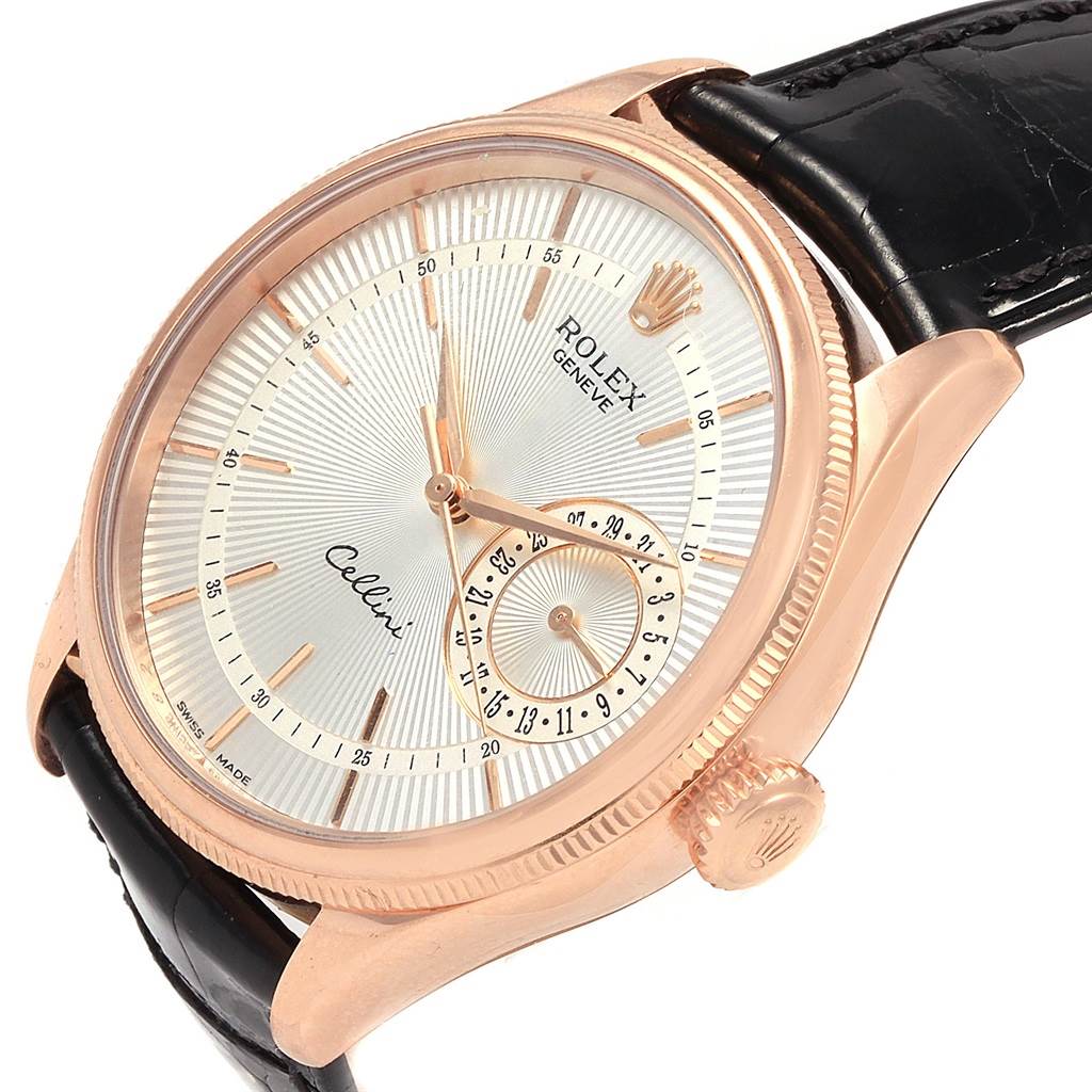 This image shows a close-up, angled view of a Rolex Cellini 50515 Men's Rose Gold Silver Dial 50515 Men's Rose Gold Silver Dial watch, highlighting its dial, crown, and leather strap.