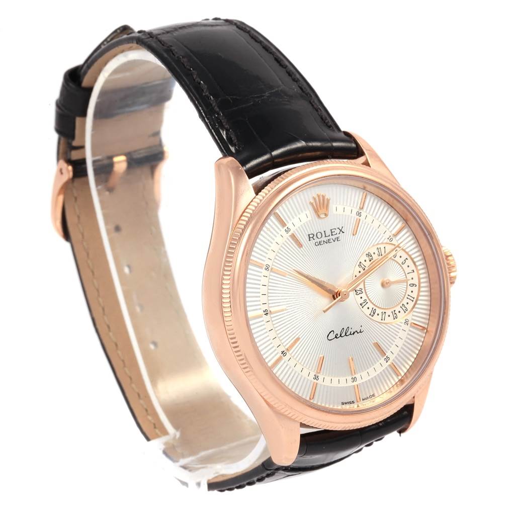 This image shows a Rolex Cellini 50515 Men's Rose Gold Silver Dial 50515 Men's Rose Gold Silver Dial watch at a slight angle, highlighting the face, bezel, and leather strap.
