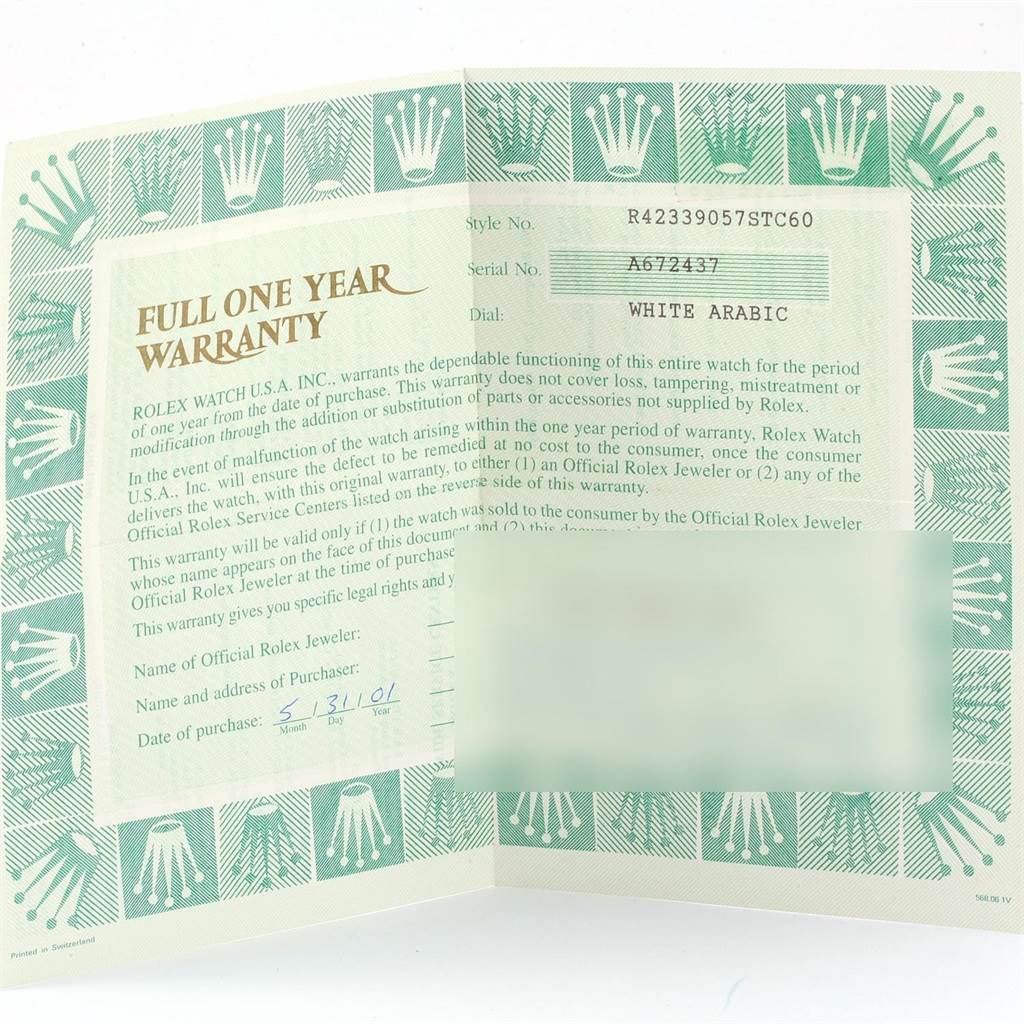 This image shows the warranty certificate for a Rolex Cellini 4233 Men
s White Gold White Dial 4233 Men
s White Gold White Dial watch, detailing the style, serial number, and purchase date.