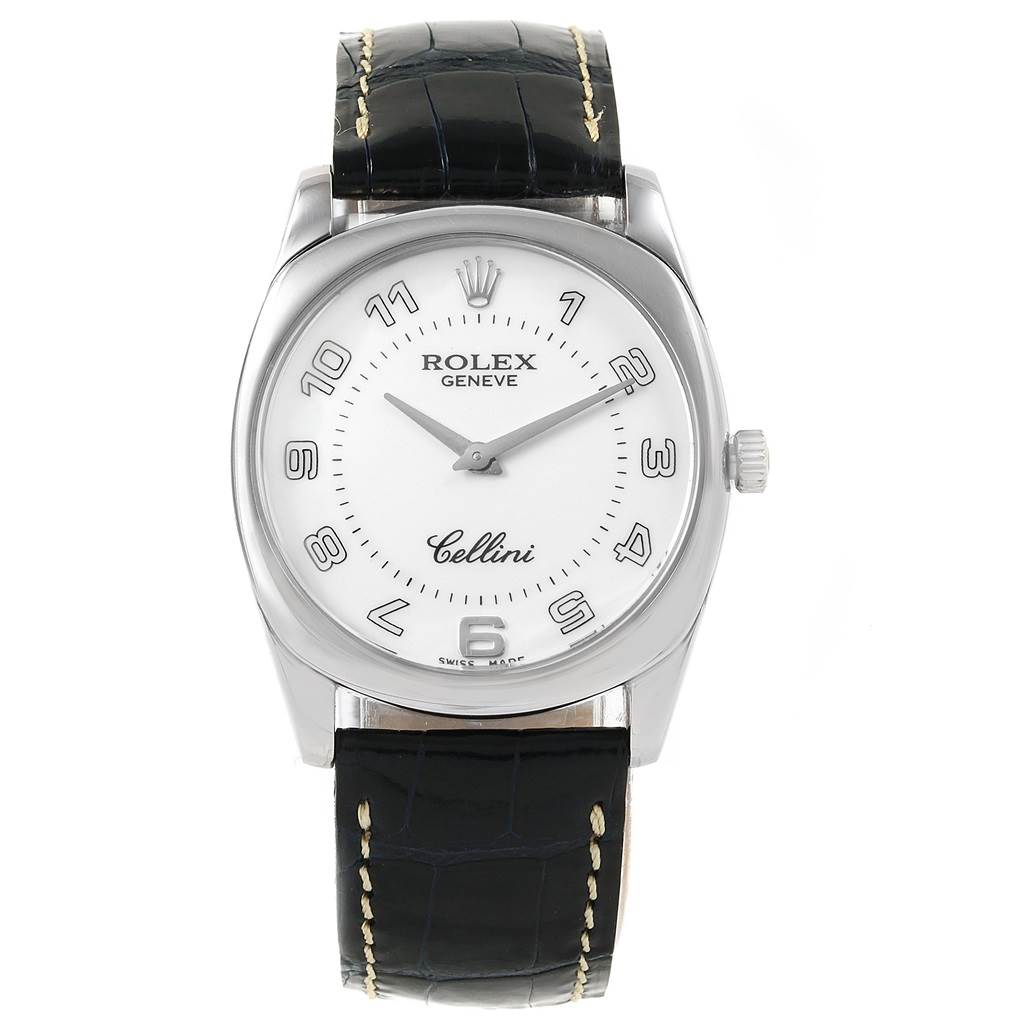 This image shows a front view of a Rolex Cellini 4233 Men
s White Gold White Dial 4233 Men
s White Gold White Dial watch, displaying the dial, case, crown, and leather strap.