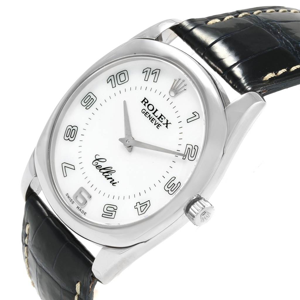 This Rolex Cellini 4233 Men
s White Gold White Dial 4233 Men
s White Gold White Dial watch is shown from an angled view, highlighting the dial, crown, and black leather strap.
