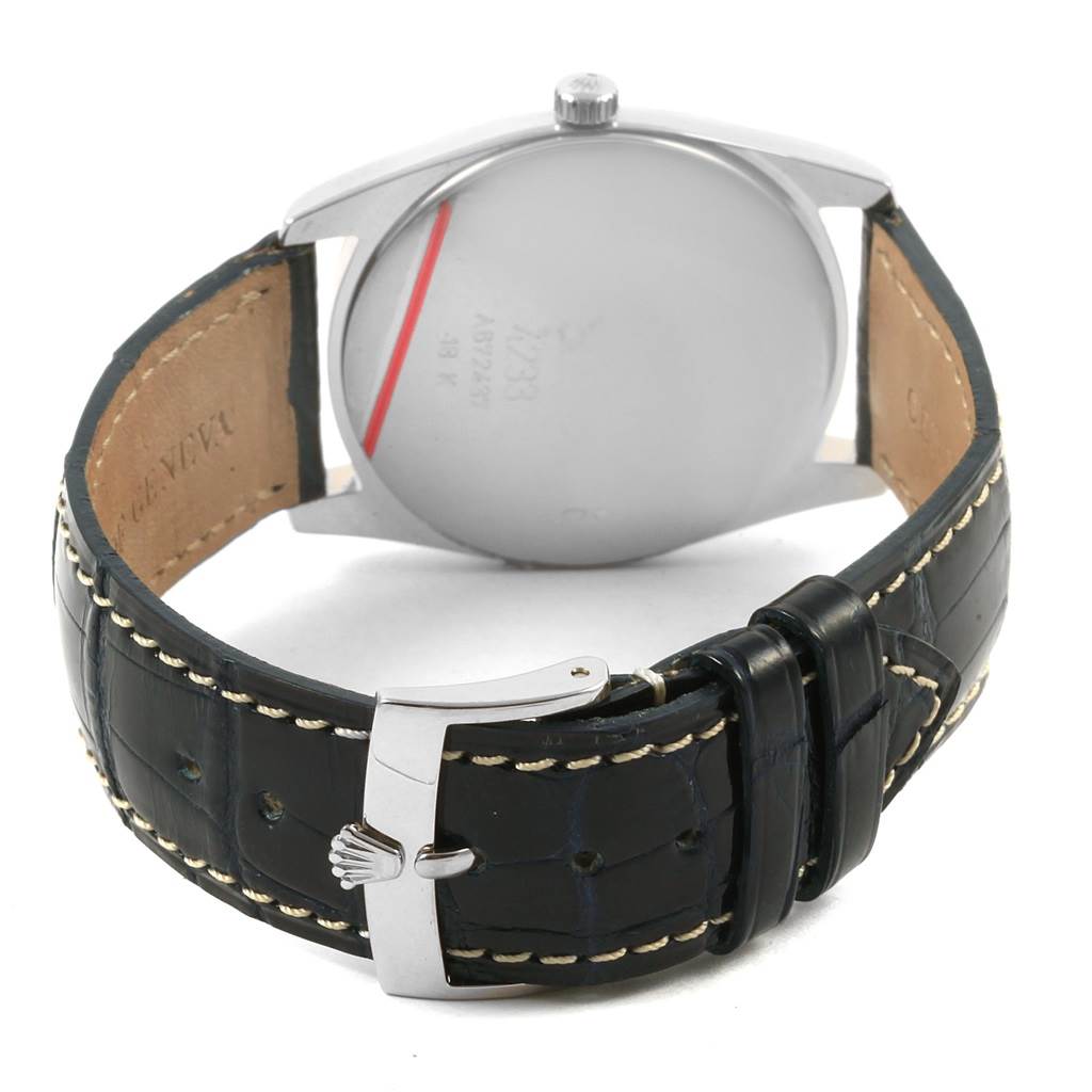 The image shows the back view of a Rolex Cellini 4233 Men
s White Gold White Dial 4233 Men
s White Gold White Dial watch, focusing on the strap and buckle.