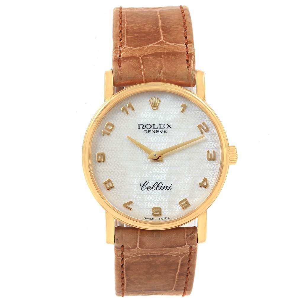 This image shows a front view of a Rolex Cellini 5115 Yellow Gold Mother of Pearl Dial 5115 Yellow Gold Mother of Pearl Dial watch, displaying its dial, hands, and leather strap.