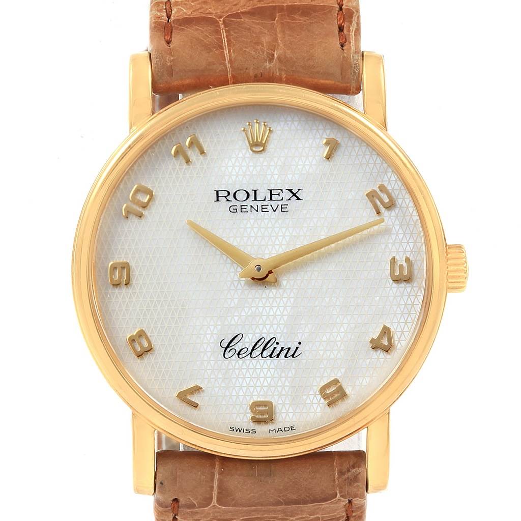The Rolex Cellini 5115 Yellow Gold Mother of Pearl Dial 5115 Yellow Gold Mother of Pearl Dial watch is shown from a front angle, featuring its dial, gold case, and brown leather strap.