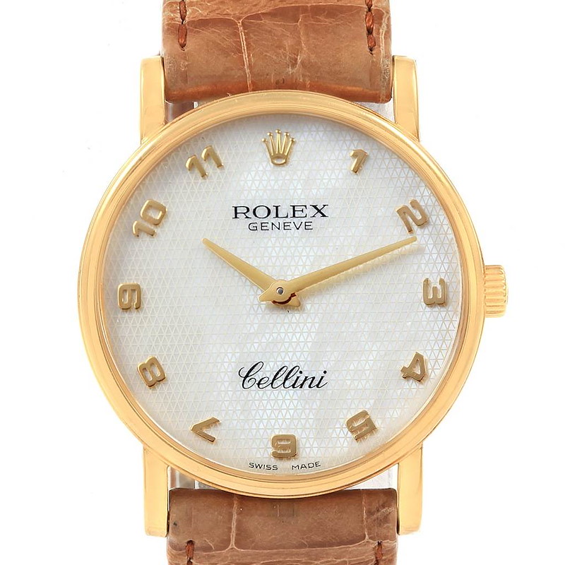 Rolex Cellini Classic Yellow Gold MOP Dial Black Strap Watch 5115 SwissWatchExpo