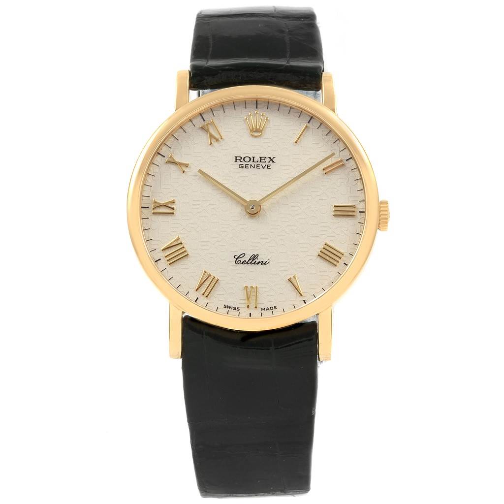 The image shows a front view of a Rolex Cellini 5112 Men's Yellow Gold Beige Dial 5112 Men's Yellow Gold Beige Dial watch, featuring a gold case, white dial, Roman numerals, and a black leather strap.