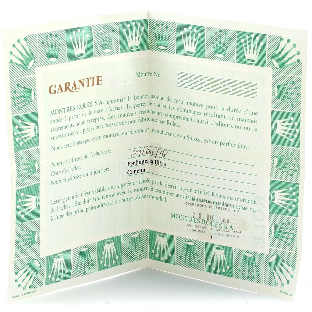 The image shows the warranty certificate for a Rolex Cellini 5112 Men's Yellow Gold Beige Dial 5112 Men's Yellow Gold Beige Dial watch, dated and filled out by the jeweler.