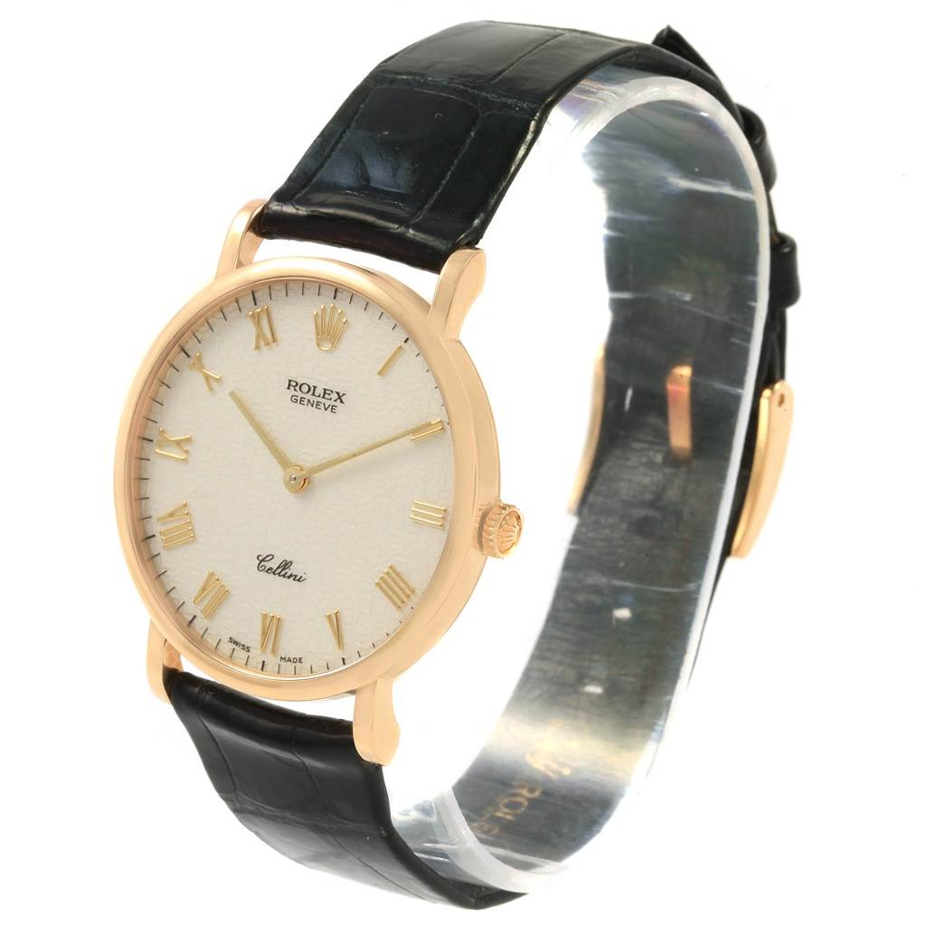 The image shows a Rolex Cellini 5112 Men's Yellow Gold Beige Dial 5112 Men's Yellow Gold Beige Dial watch at a slight angle, displaying the face, crown, and black leather strap.