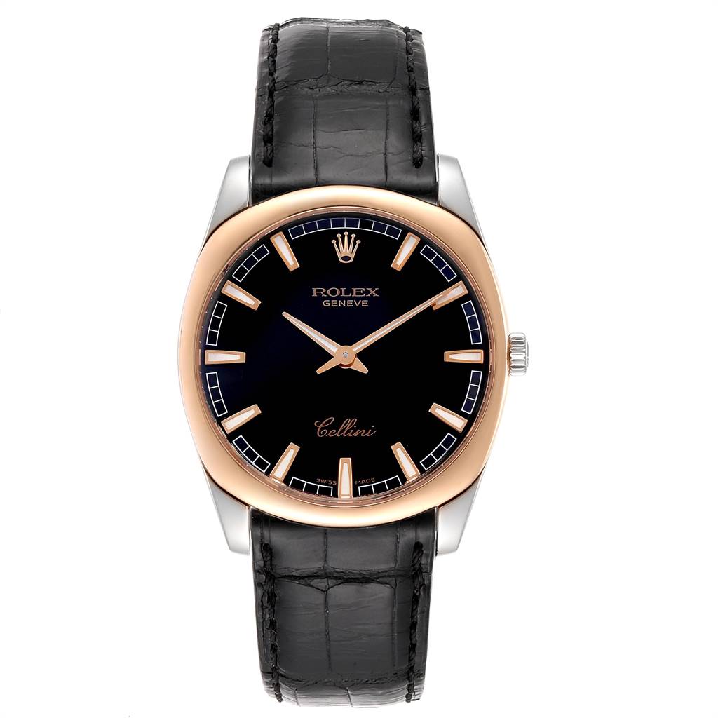 The Rolex Cellini 4243 Men's White Gold Black Dial 4243 Men's White Gold Black Dial watch is shown from a front angle, displaying its black dial, leather strap, and gold bezel.