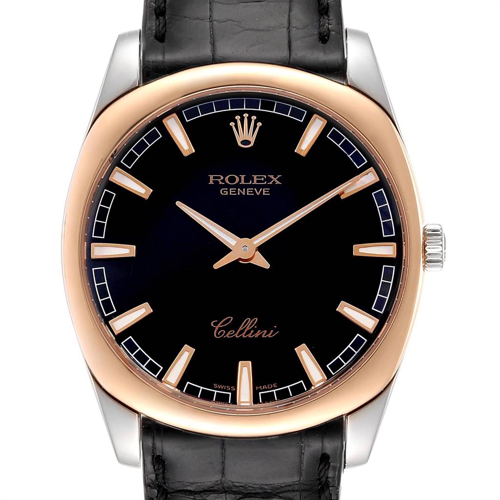 The image shows a front view of a Rolex Cellini 4243 Men's White Gold Black Dial 4243 Men's White Gold Black Dial watch, displaying the face, bezel, and leather strap.