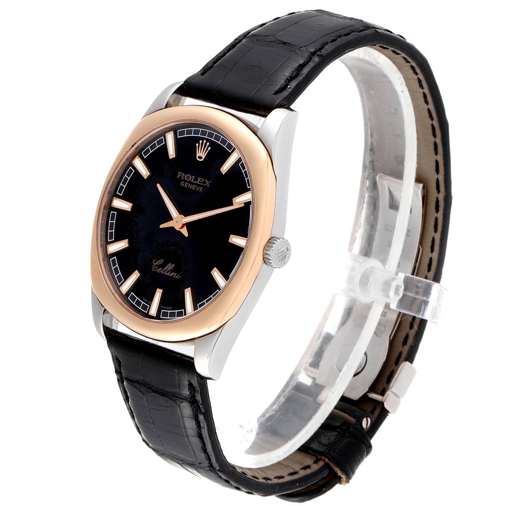 A Rolex Cellini 4243 Men's White Gold Black Dial 4243 Men's White Gold Black Dial watch is shown at an angle, displaying the face, bezel, crown, and strap.