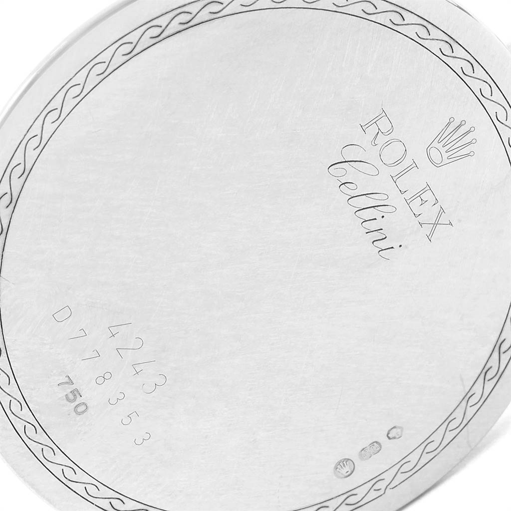 This image shows the detailed engraving on the back cover of the Rolex Cellini 4243 Men's White Gold Black Dial 4243 Men's White Gold Black Dial watch.