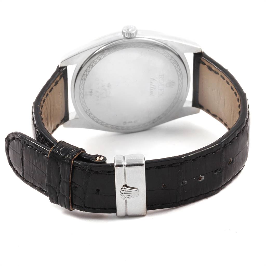 The image shows the back case and leather strap with buckle of a Rolex Cellini 4243 Men's White Gold Black Dial 4243 Men's White Gold Black Dial watch at a rear angle.