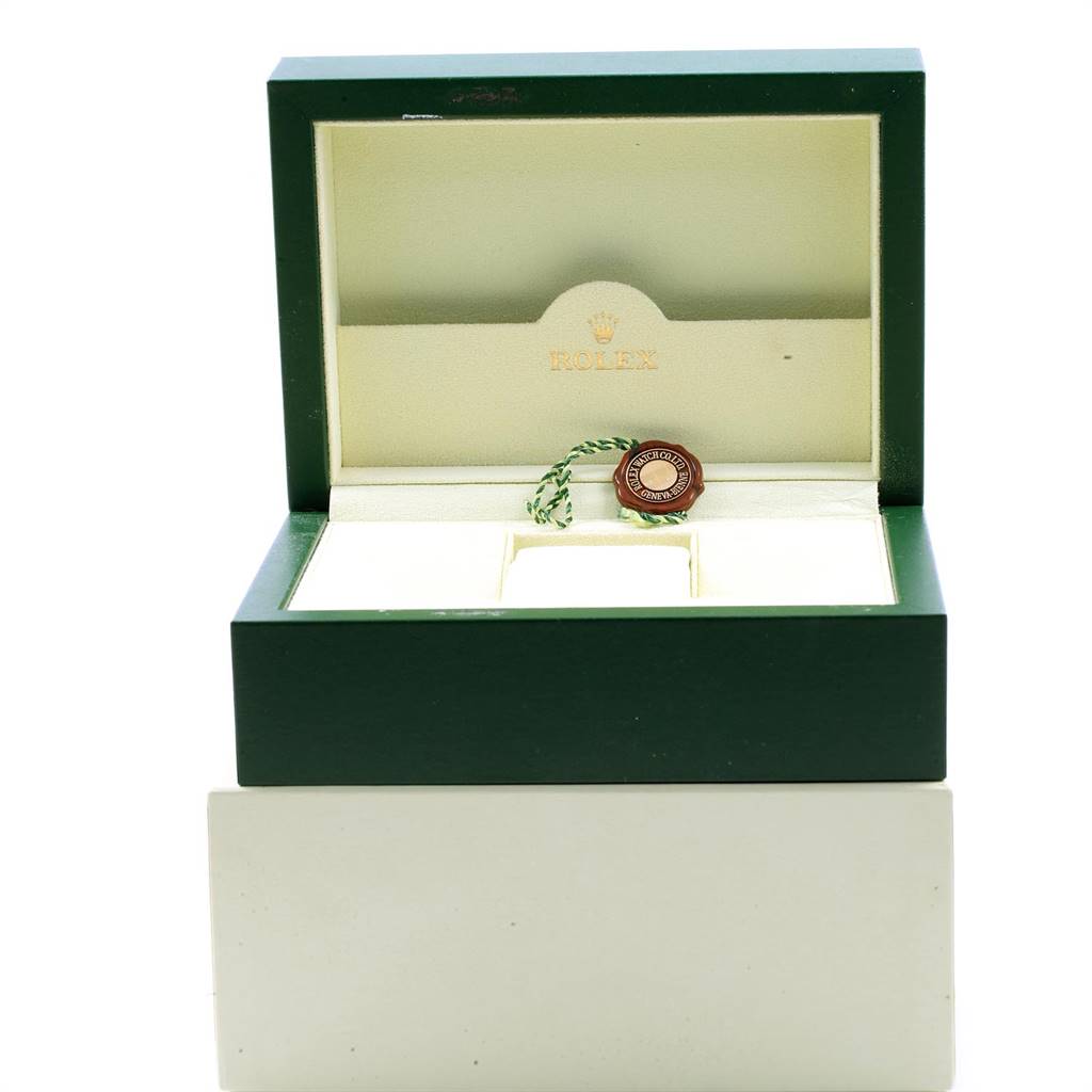 This image shows an open Rolex Cellini 4243 Men's White Gold Black Dial 4243 Men's White Gold Black Dial watch box without the watch, displaying the box's interior and a Rolex tag.