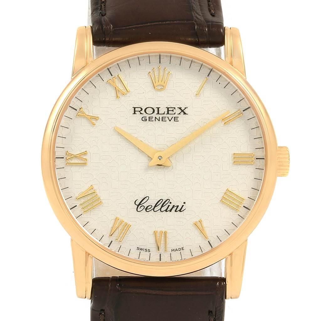 The image shows a front view of a Rolex Cellini 5116 Men's Yellow Gold Beige Dial 5116 Men's Yellow Gold Beige Dial watch, featuring the face, dial, hands, and part of the leather strap.