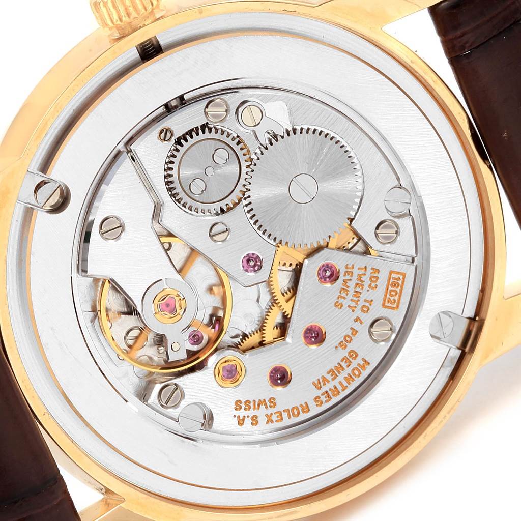 This image shows the movement and inner mechanism of a Rolex Cellini 5116 Men's Yellow Gold Beige Dial 5116 Men's Yellow Gold Beige Dial watch viewed from the back.