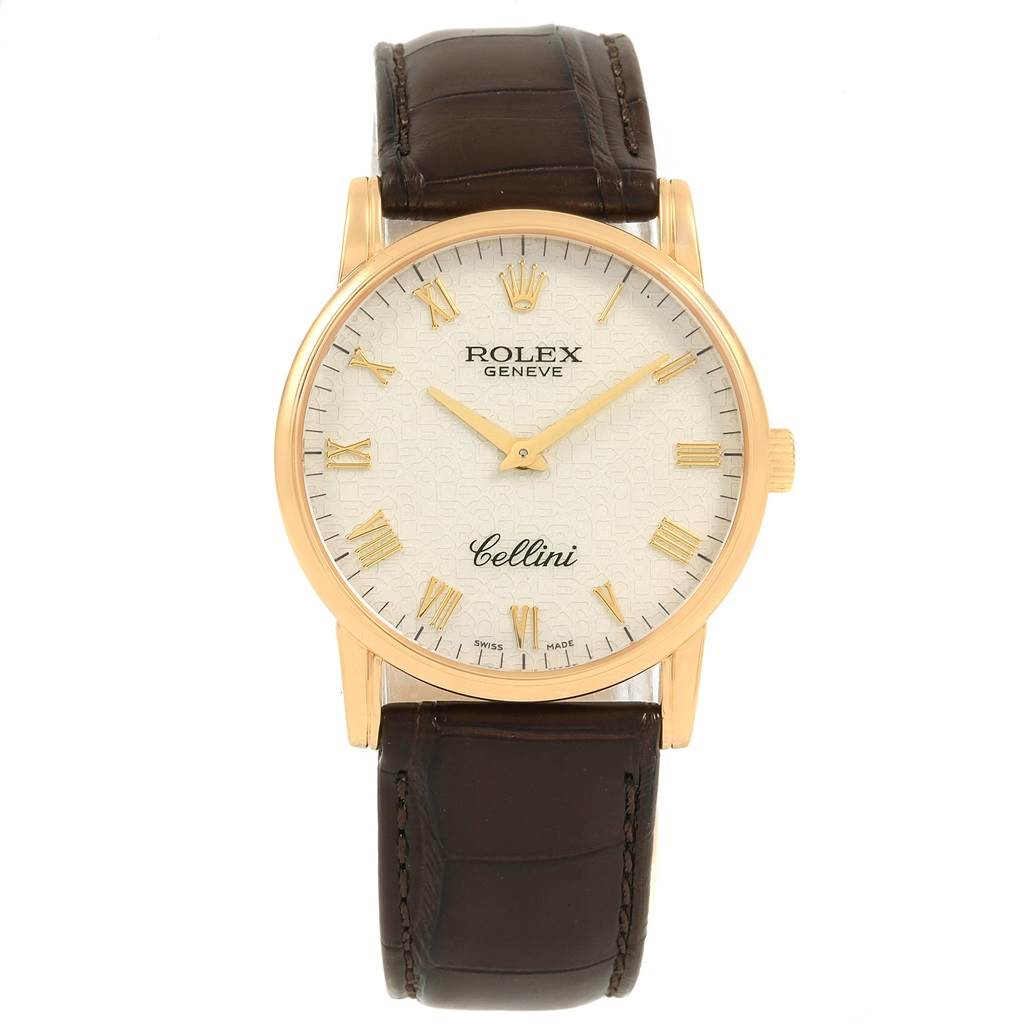 This image shows a front view of the Rolex Cellini 5116 Men's Yellow Gold Beige Dial 5116 Men's Yellow Gold Beige Dial watch, highlighting its white dial, gold hands, Roman numerals, and brown leather strap.