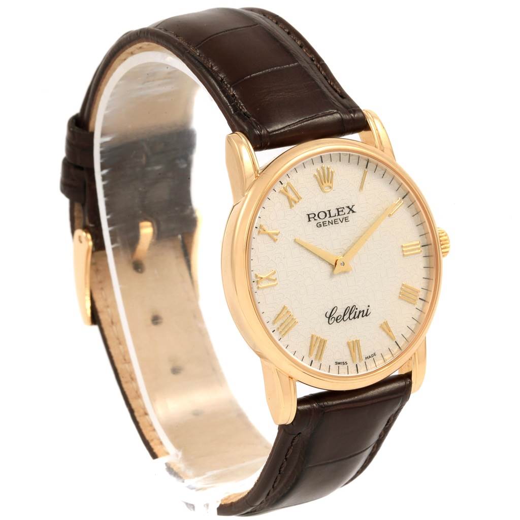This image shows a Rolex Cellini 5116 Men's Yellow Gold Beige Dial 5116 Men's Yellow Gold Beige Dial watch at a slight angle, displaying the face, case, and leather strap.
