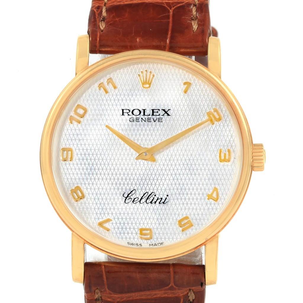 The image shows a front view of the Rolex Cellini 5115 Yellow Gold Mother of Pearl Dial 5115 Yellow Gold Mother of Pearl Dial watch, displaying the face, hands, and part of the leather strap.