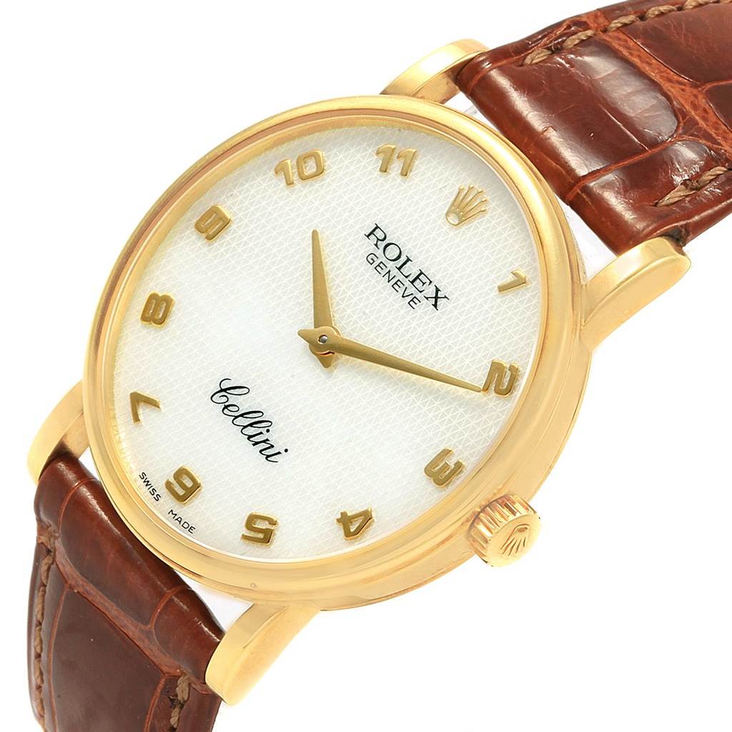 This image shows a front-angle view of the Rolex Cellini 5115 Yellow Gold Mother of Pearl Dial 5115 Yellow Gold Mother of Pearl Dial watch, highlighting its dial, crown, and leather strap.