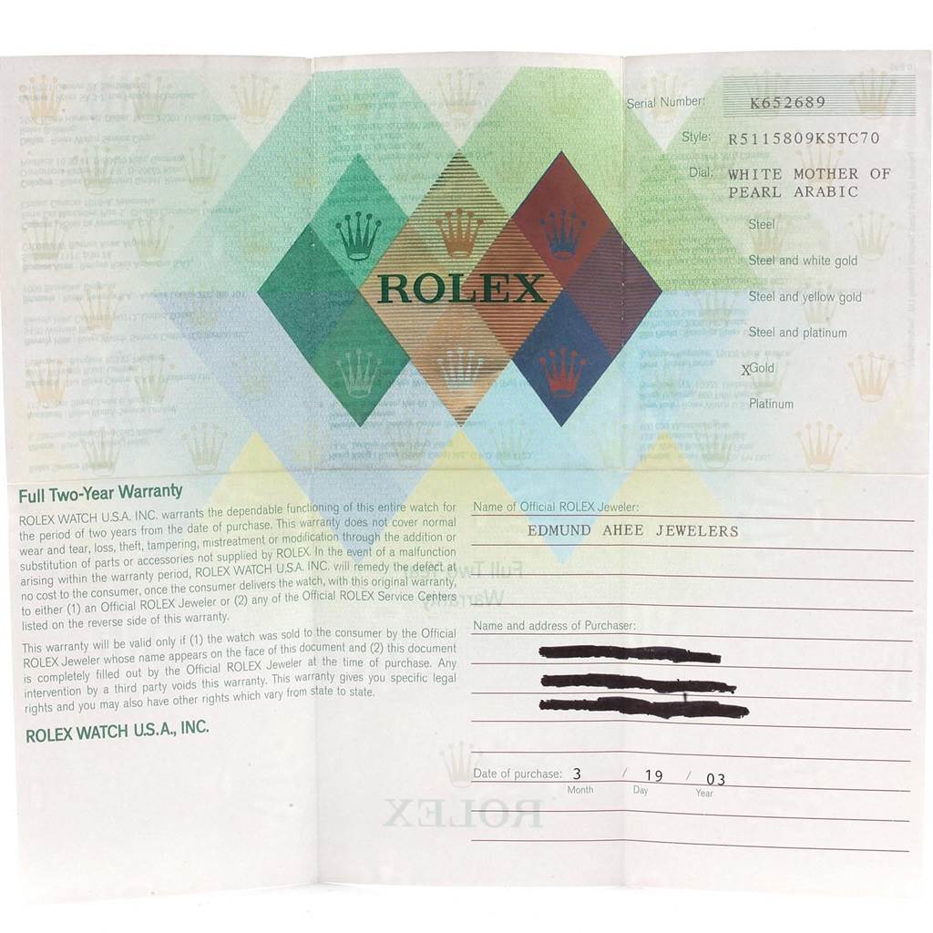 The image shows a warranty card for the Rolex Cellini 5115 Yellow Gold Mother of Pearl Dial 5115 Yellow Gold Mother of Pearl Dial model, displaying warranty terms and purchase details.