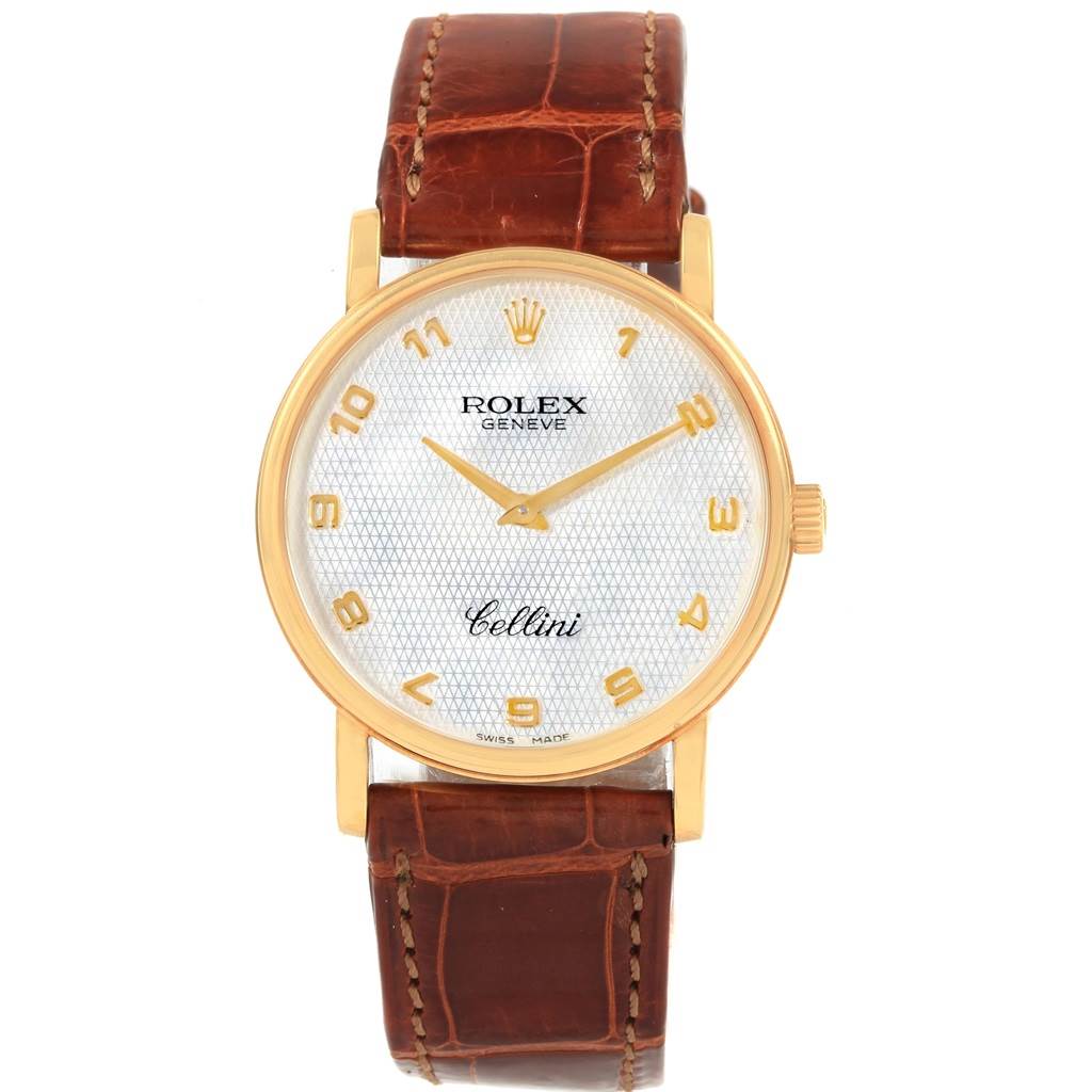The Rolex Cellini 5115 Yellow Gold Mother of Pearl Dial 5115 Yellow Gold Mother of Pearl Dial watch is shown from the front, displaying the face, hands, hour markers, and leather strap.
