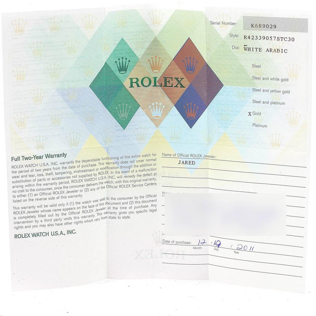 This is the warranty card for a Rolex Cellini 4233 Men's White Gold White Dial 4233 Men's White Gold White Dial watch, showing warranty details and purchase information.