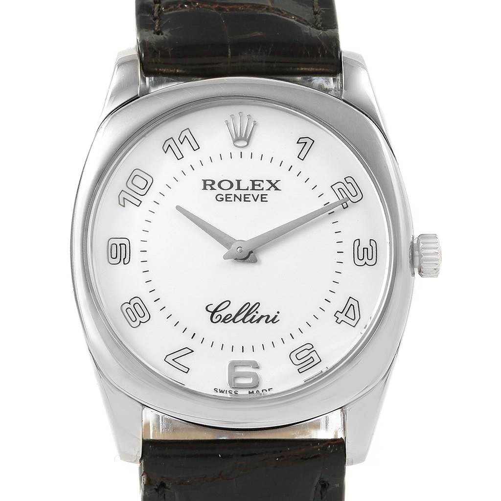 The image shows a Rolex Cellini 4233 Men's White Gold White Dial 4233 Men's White Gold White Dial watch from a top-down angle, featuring the face, crown, and part of the strap.